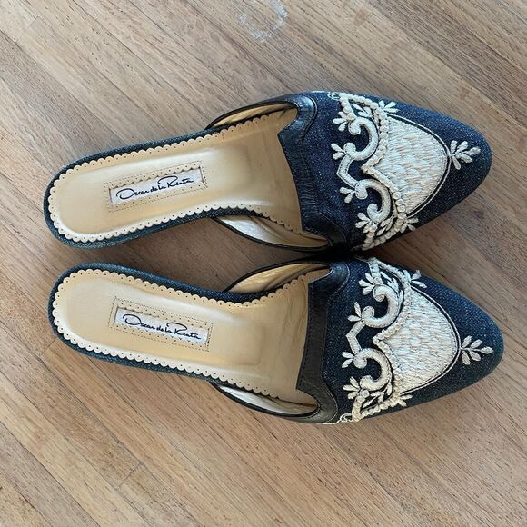 Oscar de la Renta Blue Embroidered Mules Slip-On Pointed Toe Slides Size 37.5 - Picture 2 of 8
